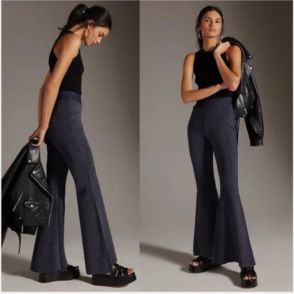 Anthropologie Pants - Anthropologie Pilcro Heather Navy Ribbed Knit Flare Leg Knit Sweater Pants-S